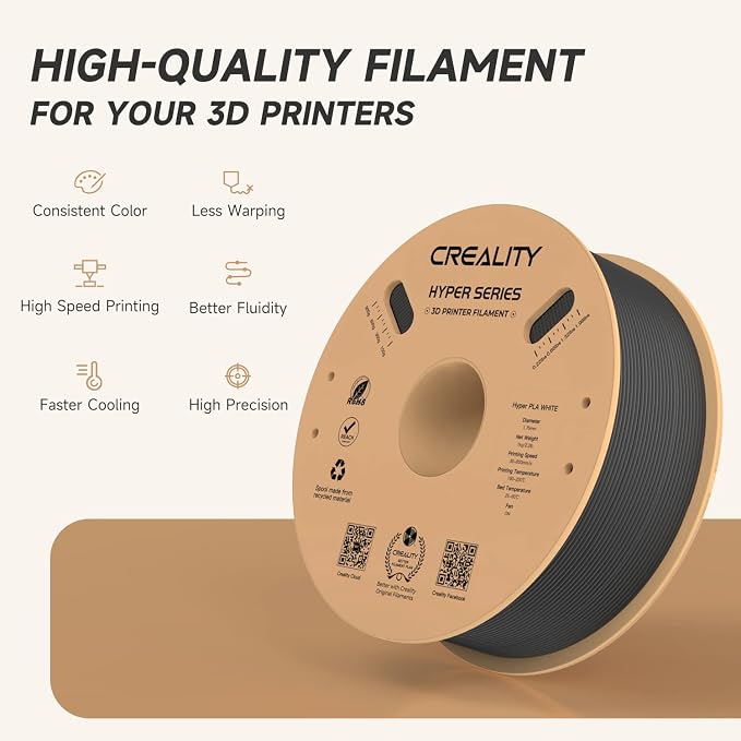 Official CREALITY Hyper PLA Filament 1.75mm, High Speed PLA 30-600mm/s Rapid 3D Printer Filament, Dimensional Accuracy +/-0.02mm, Fit Most FDM 3D Printers, 1KG(2.2lbs) Spool Black