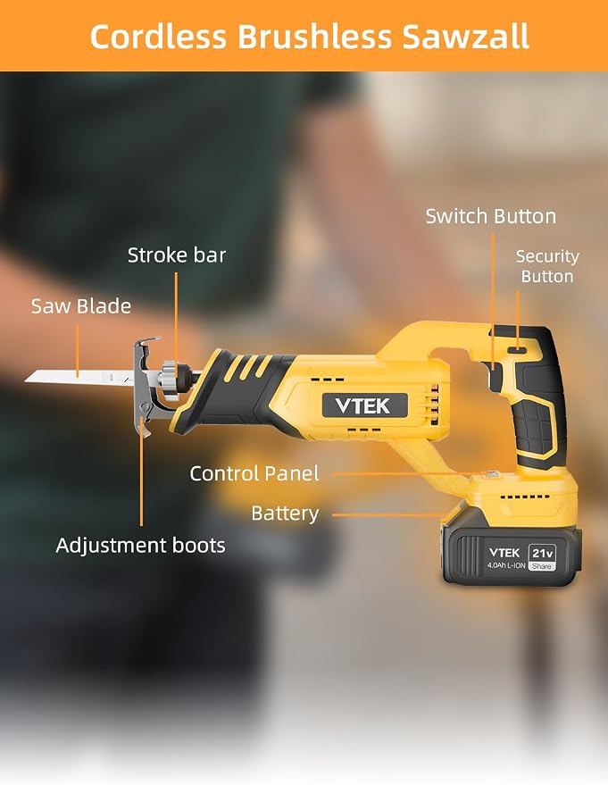 VTEK Brushless Cordless Reciprocating Saw,3 Level Speed Setting,Cordless Power Reciprocating Saw,0-3000RPM Reciprocal Saw,Reciprocating Saws for Woods/Metal/Plastic/Brick Cutting