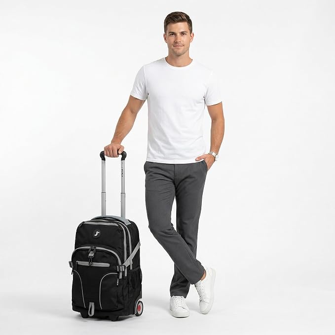 J World Lunar Rolling Backpack. Laptop Bag With Wheels. Wheeled Carry-On Travel Luggage, Grey, 19.5 x 13 x 8 Inches