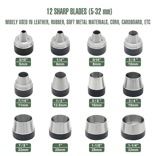 12 in 1 Hollow Hole Punch Set,Gasket Cutting Puncher,Leather Punch. | 12 Interchangeable round hollow punches are sharp, Leather hole punches,Gasket making,3/16” to 1-1/4” (5-32mm)