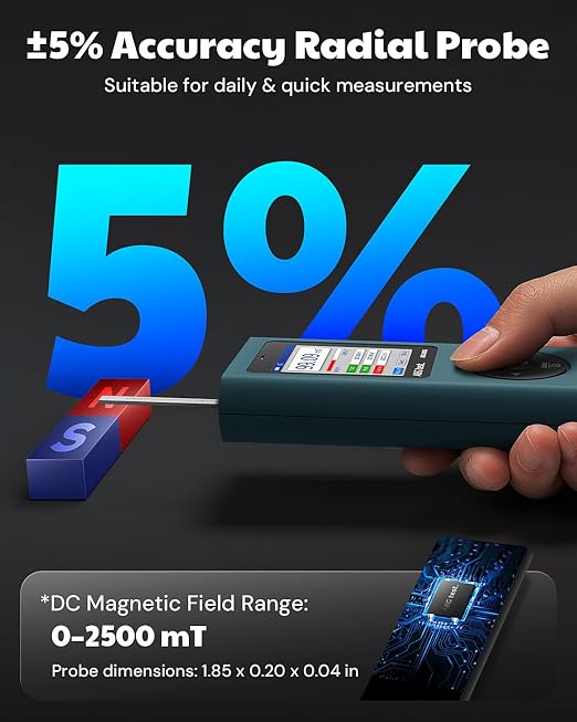 8035 DC Gauss Meter, Telescopic Hall Sensor, Rechargeable Tesla Meter 0–2500 mT, Magnetometer with Data Logging and Alarm, Magnetic Field Strength Meter, ±5% General Accuracy for Daily Use