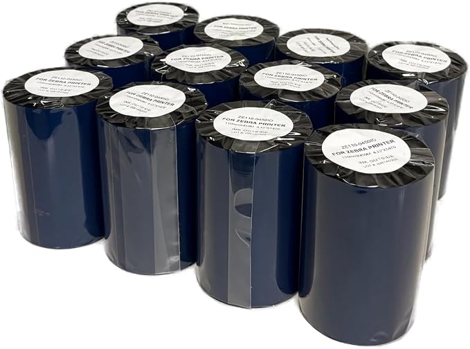 Wolfbarco 12 Rolls 4.33" x 1476' 110mm x 450m Premium Resin-Enhanced Wax Ribbon, 1" Core CSO Ink Side Out, Industrial TTR, Zebra ZT230 ZT410 ZM400 S4M TSC Datamax Sato Intermec Godex Compatible