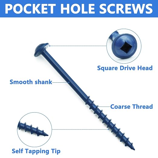 660 PCS Pocket Hole Screws Assortment Kit, 5 Sizes #8 x 1, 1-1/4", 1-1/2", 2", 2-1/2",Square Drive Self Tapping Coarse Thread Wood Screws Set, Blue Coated and Zinc Coated, Drive Bit Included