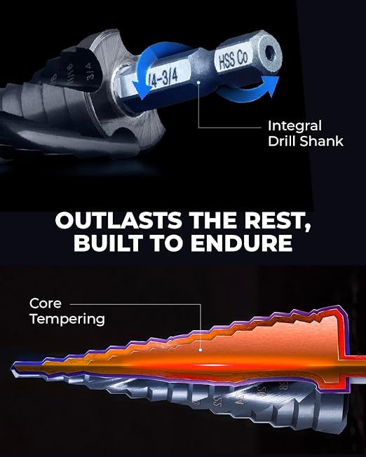 toolant Four Spiral Flute Cobalt Step Drill Bit(Pro), 1/4"-1-1/8" Impact Ready Unibit Step Drill Bit, 1/4" Hex Shank Step Bit for Metal, Stainless Steel, Aluminum, Plastic