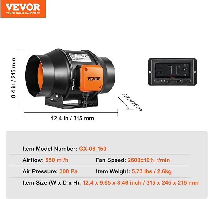 VEVOR Inline Duct Fan, 6-Inch 402 CFM with Temperature Humidity Controller, Quiet EC-Motor Ventilation Exhaust Fan for Cooling Booster, Grow Tents, Hydroponics