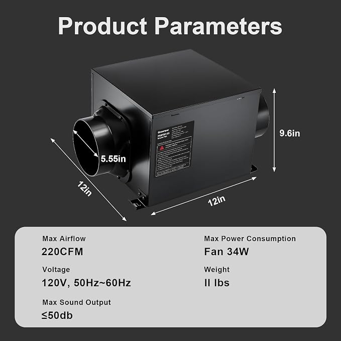 GROWNEER 6 Inch Inline Bathroom Exhaust Fan, 220 CFM Ventilation Fan with Remote Control, 5-Speed Ceiling Mount Fan for Bathroom, Garage, Kitchen, Attic, Easy Installation