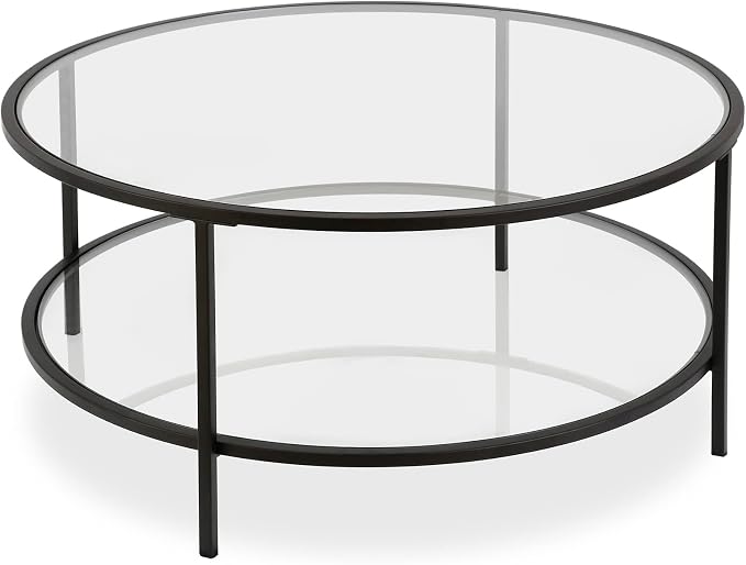 Henn&Hart 36" Wide Round Coffee Table with Glass Top in Blackened Bronze, Modern coffee tables for living room, studio apartment essentials