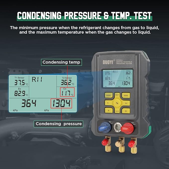 Digital Manifold Gauge with 93 Refrigerant Data,Digital Manifold HVAC Gauge Set for Pressure&Temperature Test, Digital Refrigerant HVAC Gauge with Upgraded Ball Valve&Hoses&Temp Clamps&3.5"LCD Display