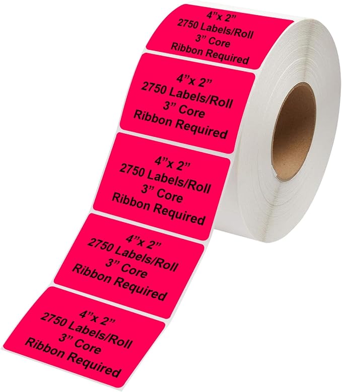 Industrial Thermal Transfer Labels, Red, 4 x 2 Inches, 3 Inch Core, 2,750 Labels/Roll, Perforated, Ribbon Required, for Thermal Transfer Printers