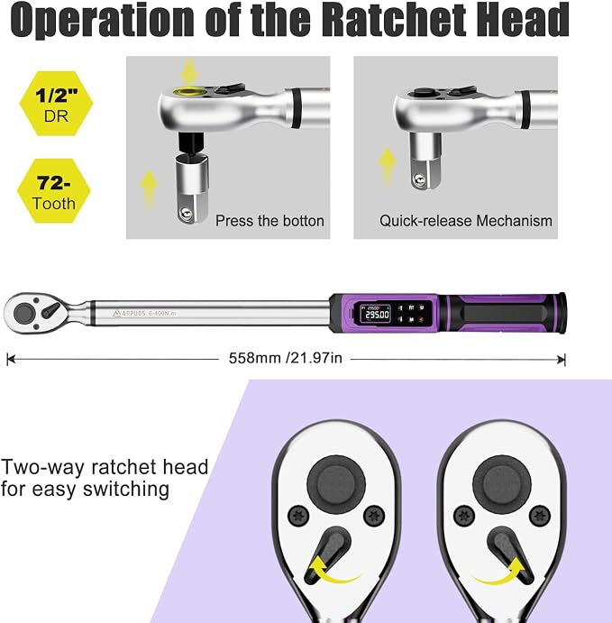 ANPUDS 1/2" Digital Torque Wrench, ±1% Accuracy, 4.43-295 Ft-lb | 9 Presets, 500 Data Storage, LED/Buzzer/Vibration Alerts, 5 Units, Color Display, Adapter & Extension for Auto Repair