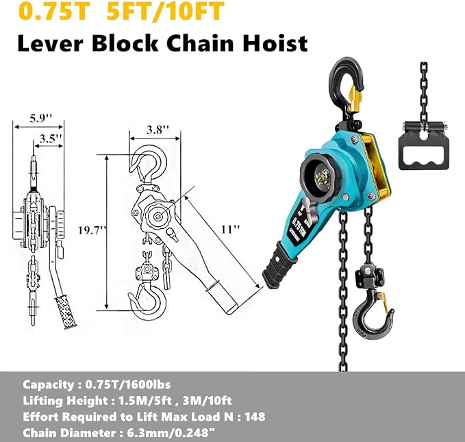 Manual Lever Chain Hoist 3/4 Ton 1650 lbs Lever Hoist 5 ft Ratchet Chain Puller Hoist|2 Heavy Duty Hooks G80 Chain|Industrial Grade Steel Construction (5FT, BLUE)