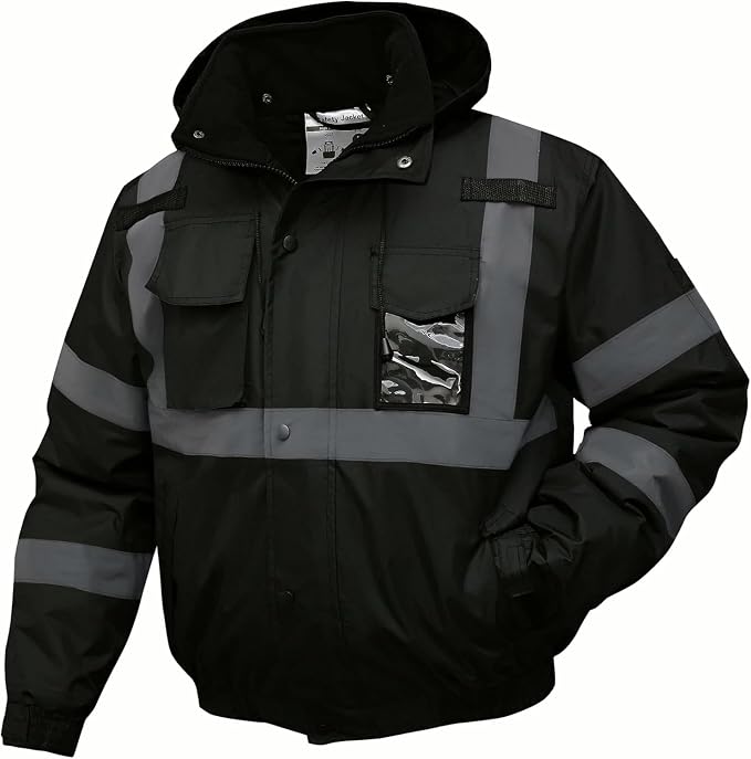 SKSAFETY High Visibility Reflective Jackets for Men, Waterproof Safety Jacket for Men with Pockets, Black Work Construction Coats for Winter Cold Weather,6XL, 1 Pack