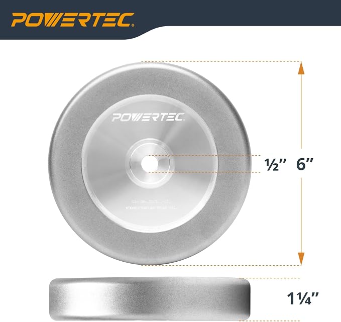 POWERTEC CBN Grinding Wheel 6 Inch 320 Grit, 1-1/4" Wide, 1/2" Arbor – 4-in-1 CBN Sharpening Wheel with 1/4" Radius Edge and Side Face for Bench Grinder (15708)
