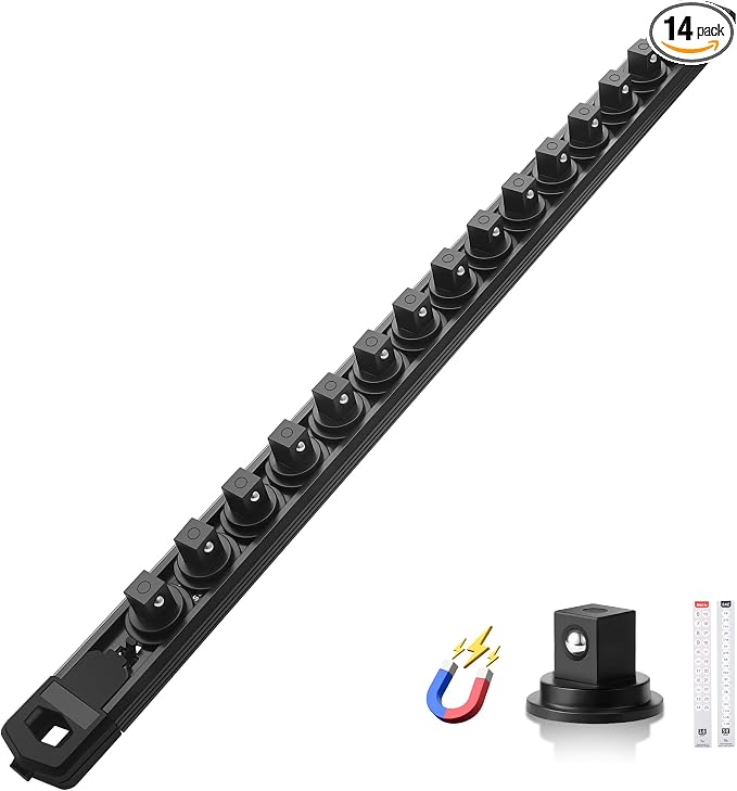 Reniteco Magnetic Socket Organizer, 3/8" Drive Aluminum Alloy Socket Rail, Heavy Duty Magnetic Socket Holder with 14PC 360° Swivel Removable Clips, Magnetic Socket Rack for Tool Box Drawer, Black