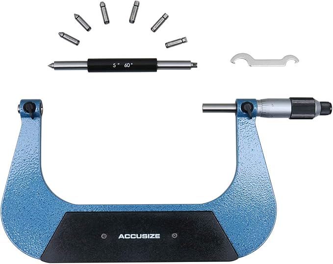 Accusize Industrial Tools 5-6'' by 0.001'' Screw Thread Micrometer with 3 Anvil in Fitted Box, S916-C755 | 3 Anvil Sets: 13-9, 8-5, 4.5-3.5 TPI, 0.001" Resolution, ±0.00016" Accuracy