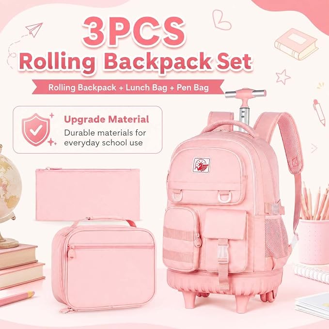 CCJPX Rolling Backpack for Girls Women, 21 inch Roller Wheels School Bookbag, Wheeled Suitcase Backpacks with Lunch Bag for Teen - Pink