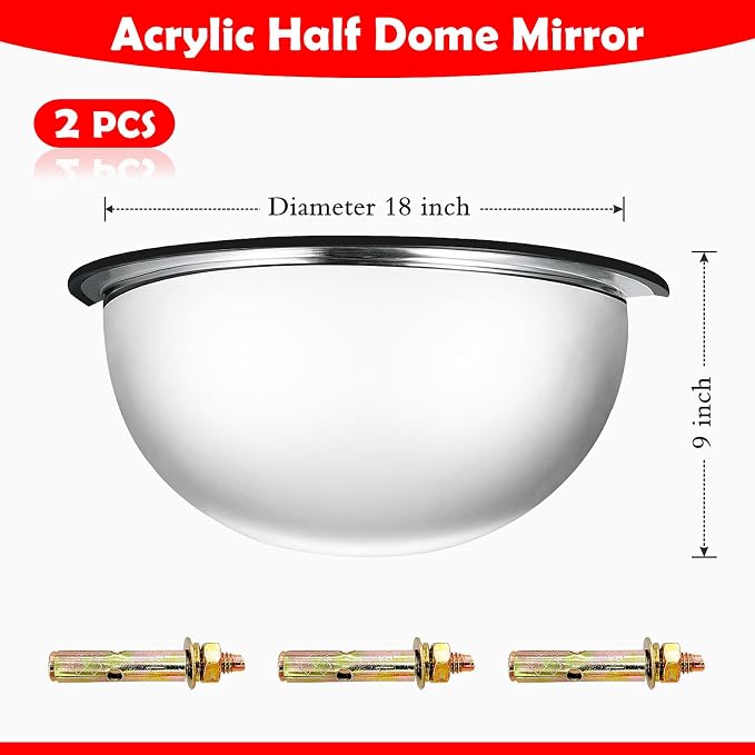 2 Pcs Acrylic Half Dome Blindspot Mirror - 18" Diameter Safety Convex Mirror for Wall, Ceiling, Driveway, Outdoor, Hallway, Warehouse, Office
