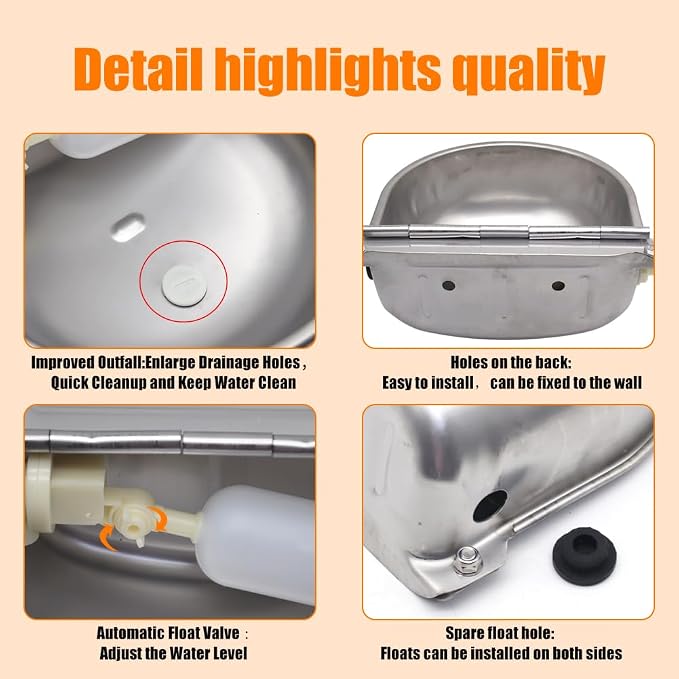 Automatic Animal Watering Bowl 304 Stainless Steel with Float Valve & Drainage Hole – Wall Mount Livestock Waterer for Dogs, Horses, Goats, Pigs, Chickens, Includes 39" Hose, 3/4" Adaptor