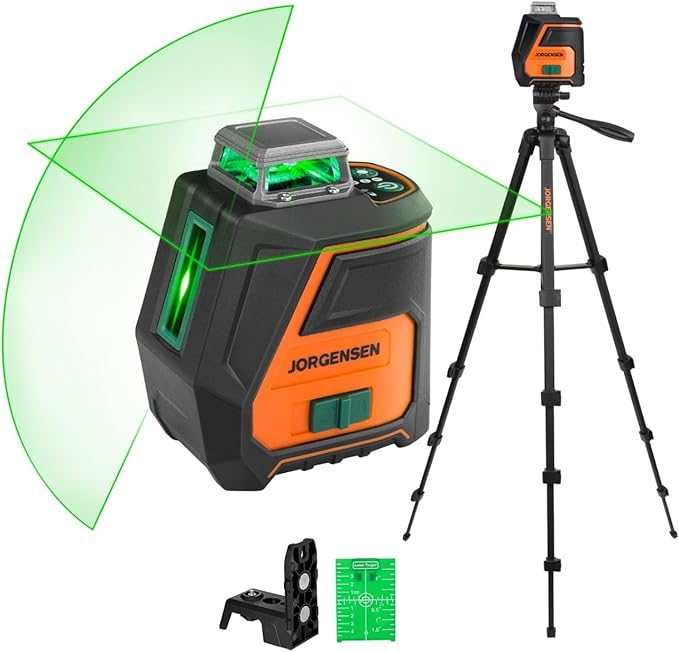 JORGENSEN 360° Laser Level with Tripod, 100 FT Rechargeable Self Leveling Cross Line Laser Leveler Tool with Magnetic Base, Wide Angle Green Laser Level for Picture Hanging, Floor Tile, Construction
