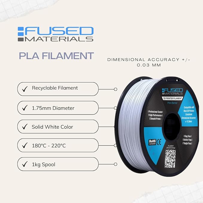 Fused Materials White PLA 3D Printer Filament - 1kg Spool, 1.75mm, Dimensional Accuracy +/- 0.03 mm, (White)