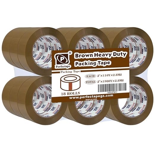 P PERFECTAPE Heavy Duty Brown Packing Tape 18 Rolls, Total 1980Y, 2.7 mil, 1.88 inch x 110 Yards, Ultra Strong, Refill for Packaging and Shipping | Total 1800 meters, 2.7 mil, Ultra Strong, Refills for Moving, Packaging and Shipping