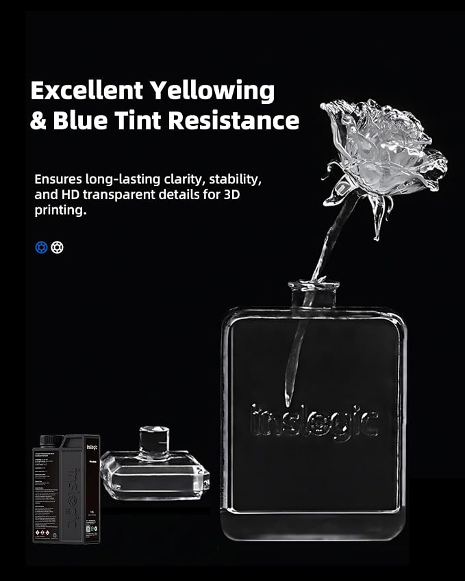 Inslogic High Clear 3D Printer Resin, Yellowing & Blue Tint Resistant, Highly Transparent & High Precision & High Stability, 405nm UV-Curing Resin for LCD/DLP/SLA 3D Printing (Clear, 1kg)