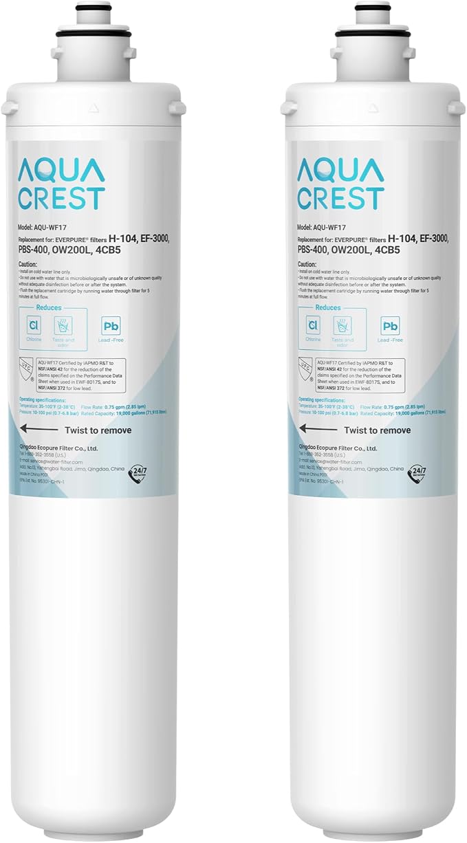 AQUA CREST H-104 Under Sink Water Filter, Replacement for Everpure H-104, EV961211, EF-3000, PBS-400, OW200L, 6TO-BW, MR-100, MR-225, EV9262-71, EF9857-00, NSF/ANSI 42 Certified, 19000 Gallons, 2 Pack