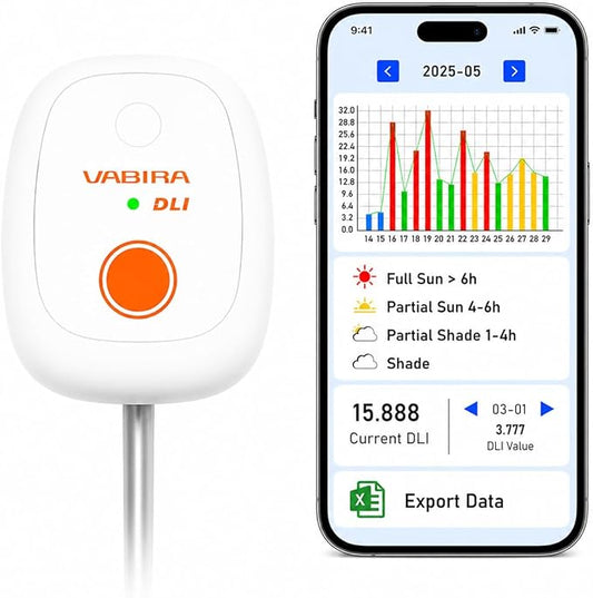 VBR-20 DLI Light Meter for Plants – Measure Full-Day Light, Identify Full Sun, Partial Sun, Shade, Track 180 Days & Export Data