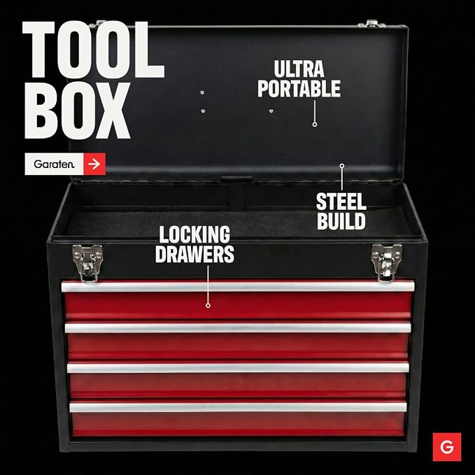 4-Drawer Tool Box with Drawers - Portable Metal Tool Box for Mechanics - Heavy Duty Steel Tool Chest with Locking Latches and Top Storage Compartment, Red/Black