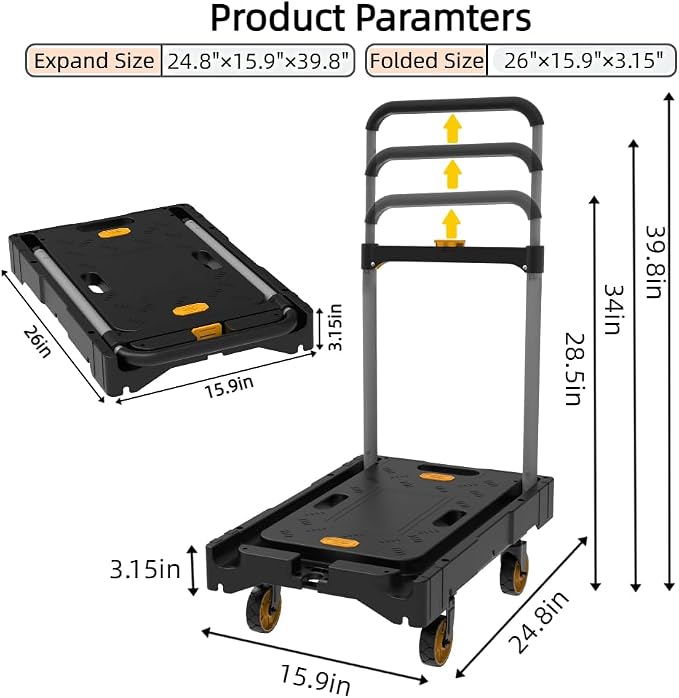 Platform Truck Folding Hand Truck 300 LB Heavy Duty Utility Dolly Flatbed Luggage Push Cart Fully Folded Compact Cart, Portable Trolley with 1 Elastic Ropes, Easy Storage & Lightweight for Moving