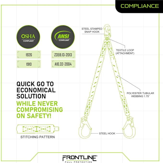Frontline LIS62R Double Shock Absorbing 6' Lanyard | Twin Leg Lanyard 1 Snap Hook and 2 Rebar Hook Ends | ANSI & OSHA Compliant Fall Protection | 6000 lbs. Min. Breaking Strength