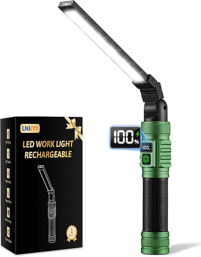 LNRYY Rechargeable Magnetic LED Work Light/Flashlight for Mechanics | All Aluminum, 1500 High Lumens, Digital Display, 360° Rotation, 7 Modes, for Car Repairing, Workshop, Gifts for Father