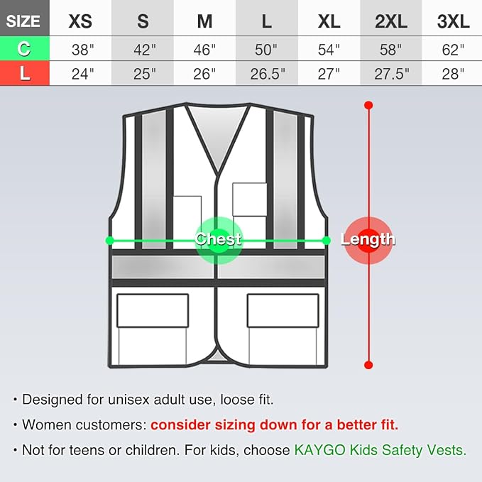 KAYGO Reflective High Vis Safety Vest with Pockets for Men and Women KG0100 | Breathable Polyester Lightweight, Two-Tone, ANSI Class 2, for Construction, Warehouse, Surveying, Cycling, Machine Washable