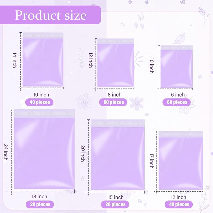 Outus 240 Pcs Poly Mailers Variety Size Pack Mailing Shipping Bags Assorted Sizes Shipping Envelopes Self Adhesive Waterproof and Tear Proof Packaging Bags for Clothing Book Gift(Purple,6 Sizes)