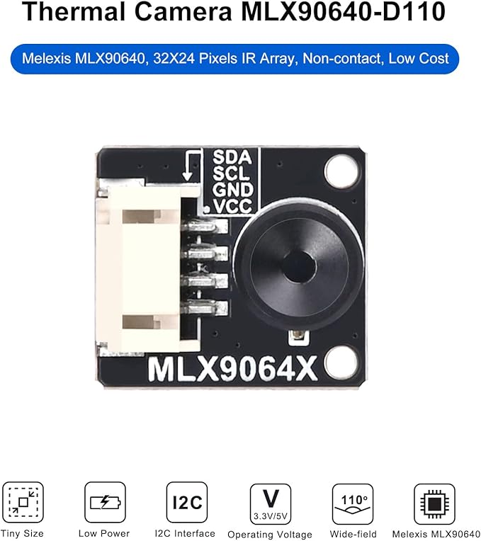 MLX90640-D110 Thermal Imaging Camera, 32x24 IR Array | I2C Interface, Raspberry Pi/Arduino/STM32 Compatible, -40°C to 300°C Range, 110° FOV