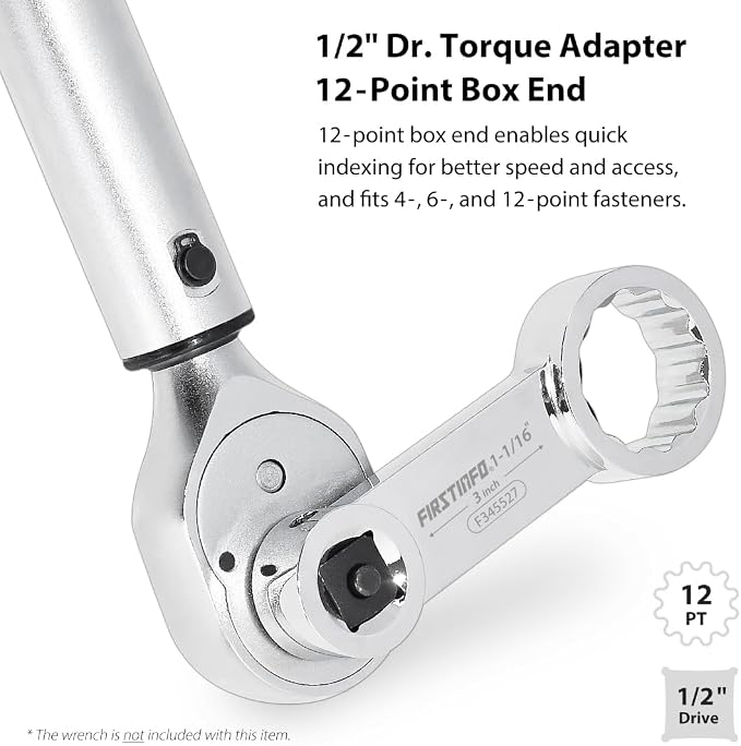 FIRSTINFO 1/2-inch Drive 1-1/16" 12-Point Box End Torque Adapter | 3 in center-to-center length • Fits 4, 6 & 12-point fasteners • CR-V steel • Thin-wall access • Made in Taiwan