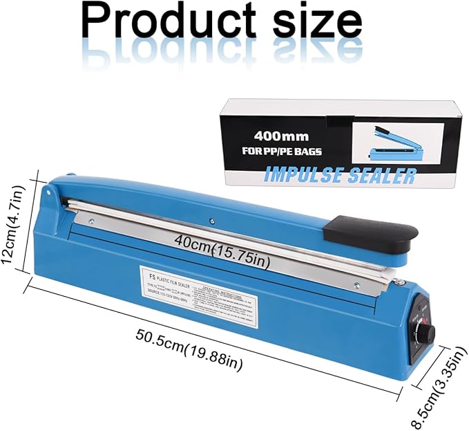 16 Inch Impulse Heat Sealer Machine for Plastic Bags PE PP Bags and Kraft Paper Bag, Cookie Bag Sealer, Manual Poly Bag Hot Seal Sealing Machine with Extra Replace Element Grip