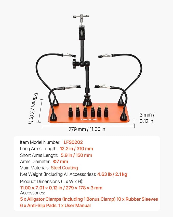 VEVOR Magnetic Helping Hands Soldering Station, 4 Flexible Arms Third Hand Tool, with 6 PCB Pillar Holders & 360 Hot Air Gun Holder, Heavy-Duty Base Soldering Helper for Electronic Repair Craft