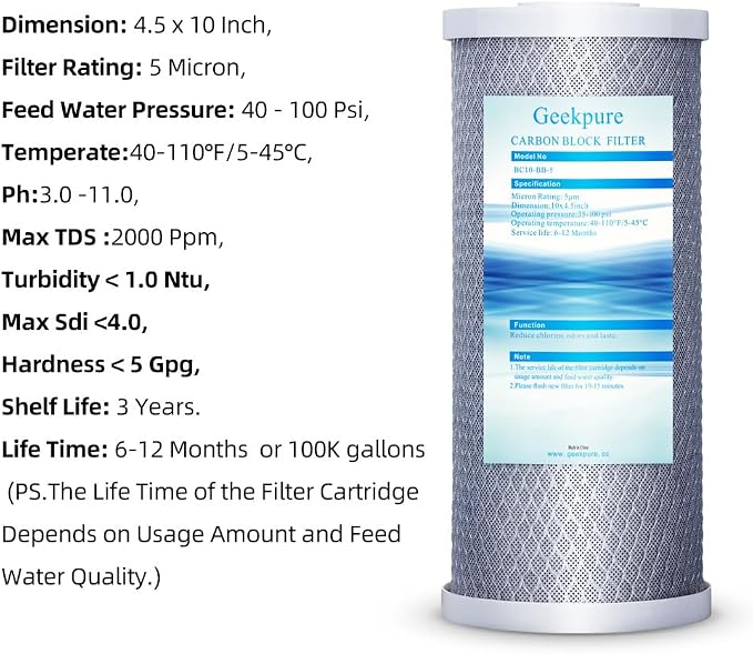 Geekpure 10 Inch Whole House Carbon Block Water Filter Reduce Chlorine Taste Odors- 4.5 Inch x 10 Inch -5 Micron-Pack of 4