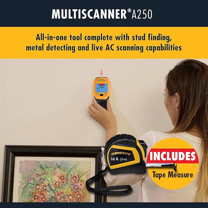 Zircon MultiScanner A250 All-in-One Stud Finder & Wall Scanner with Bonus Tape Measure — Metal Detector + Live AC Wire Scanner with ACT, SpotLite Pointer & 4 Scan Modes