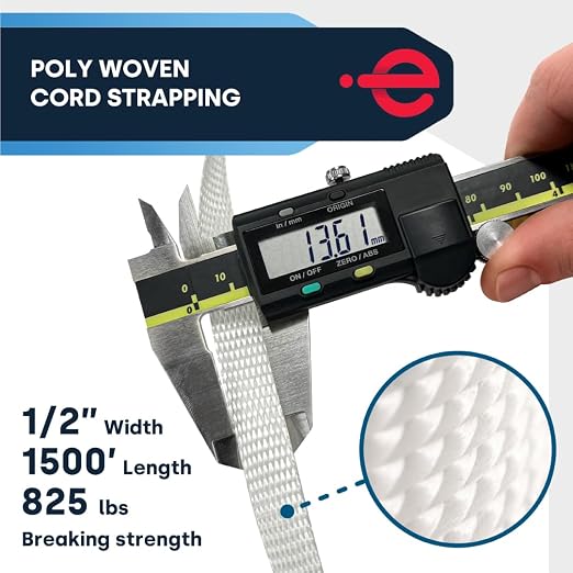 ESK Packaging® 1/2" Woven Poly Cord Strapping, 1500' Roll – 825 lbs Break Strength, Medium Duty, Weather-Resistant Flat Rope – Self-Dispensing Box