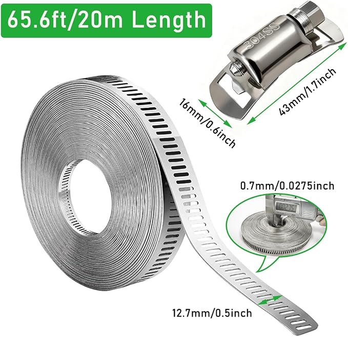 65.5FT/20m Stainless Steel Hose Clamps Assortment Kit with 20pcs Fasteners | Adjustable Long DIY Metal Band Clamp Band Fittings Strap for Pipe, Intercooler, Plumbing, Tube, Radiator and Fuel Line