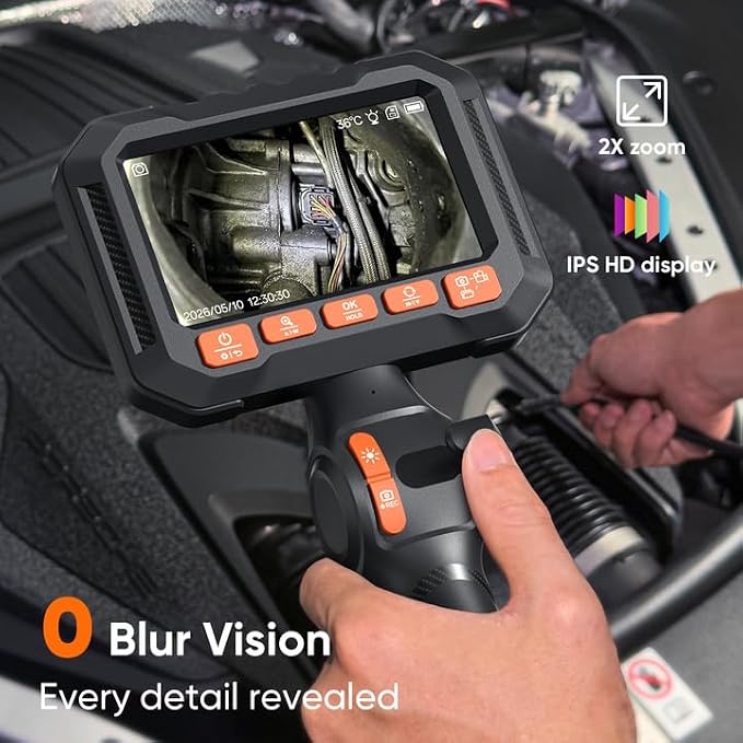 T Takmly Two-Way Articulating Borescope with Light, 210° Steerable 1080P Endoscope Camera, 0.33inch Semi-Rigid Snake Scope, 4.3" IPS Screen, 32GB, 5.5FT for Automotive Engine HVAC Wall Mechanics