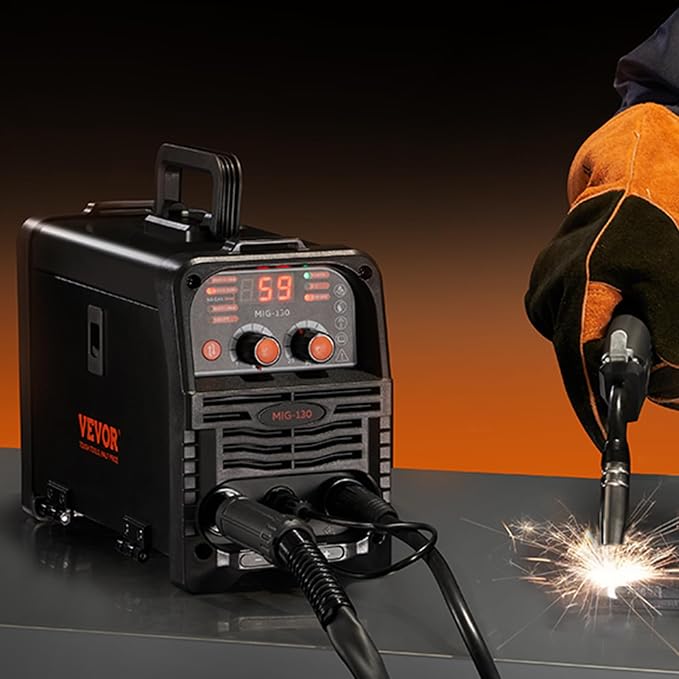 VEVOR MIG Welder, 130Amp Synergic Mig Welding Machine, 3-in-1 Flux Core MIG/Stick/Lift TIG Multi-Process Welder Machine, 110V Portable Mig Welder with IGBT Inverter Technology & Digital Display Screen