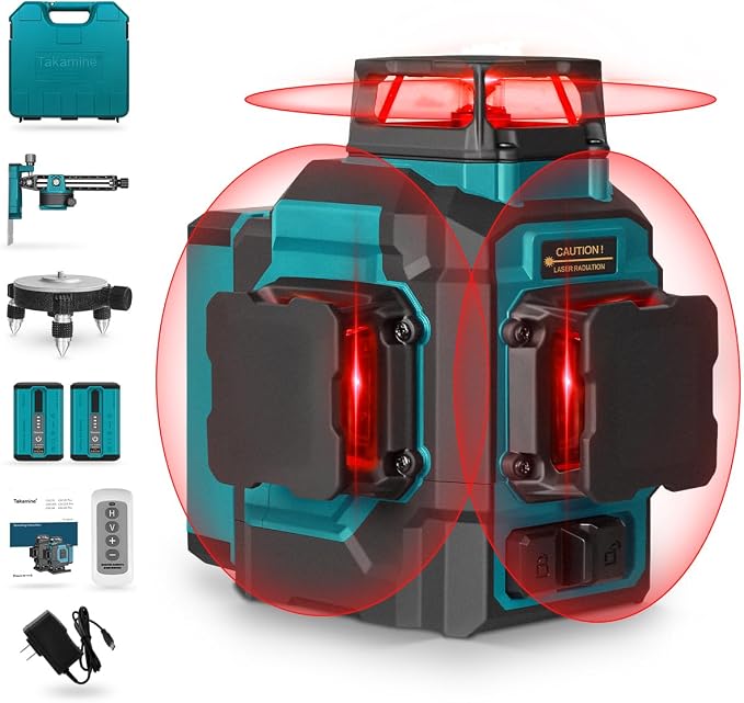 Takamine 12 Lines 3D Self Leveling Laser Level Pro, 3x360 ultra-bright Red Line with Brightness Adjustment, Remote Controller, Magnetic Rotating Stand Included