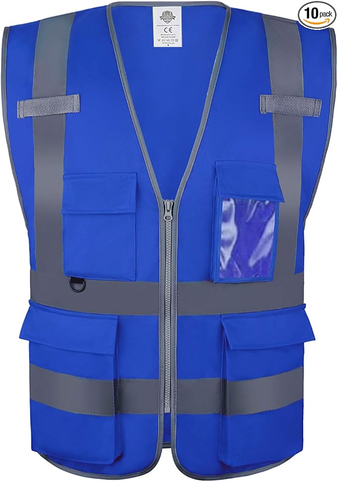 Dazonity High Visibility Safety Vest with Multi Pockets and Zipper, XL,Reflective Strips, Fit for Men & Women, Work, Construction,Cycling, Runnning, Surveyor, Volunteer (Blue-XL)