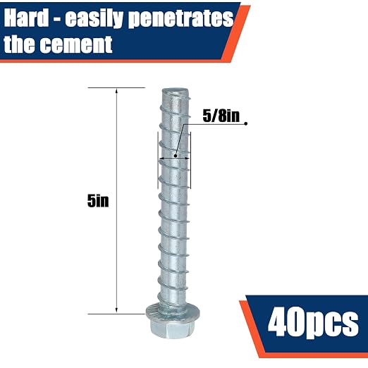 Tandefio 40 Pack 5/8" x 5" Concrete Screw Anchors Galvanized Large Diameter Heavy Duty Plated Concrete Anchors for Masonry Brick Anchoring Block Decking Framing Hex Drive