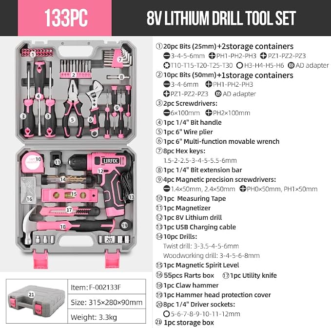 133-Piece Pink Electric & Manual Tool Set for lady - USB Rechargeable Handheld Screwdriver, Claw Hammer, Drill Bits, Essential Accessories, Portable Storage Case, Ideal Gift for Women