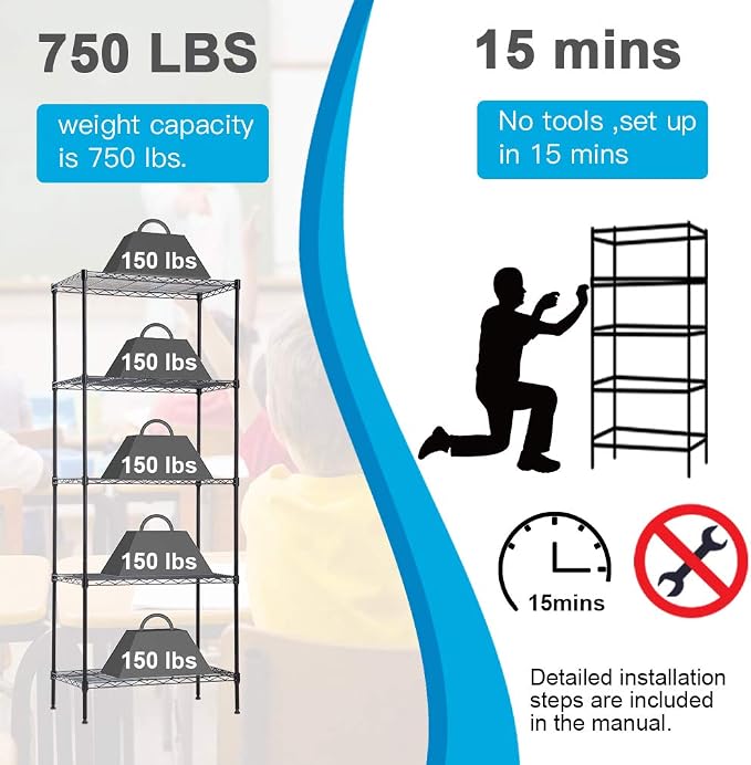 BestOffice | 5-Tier Wire Storage Shelves | 14x24x60 | Black| Heavy-Duty Metal Shelf, Holds Upto 750 lbs | No-Tool Assembly | Ideal for Home & Garage Shelving