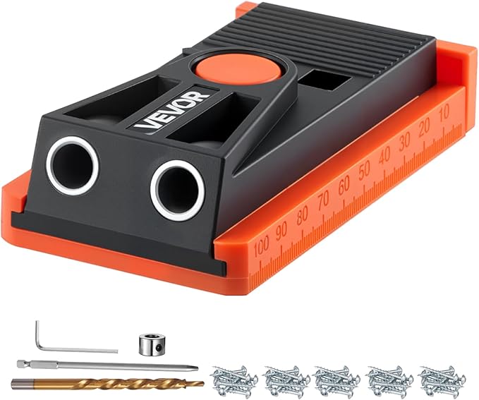 VEVOR Pocket Hole Jig Kit, 1/2 to 1-1/2 in Adjustable, Mini Jig Pocket Hole System with Step Drill, Hex Wrench, Drill Stop Ring, Square Drive Bit, and Screws, Reinforced Nylon Frame, for Woodworking
